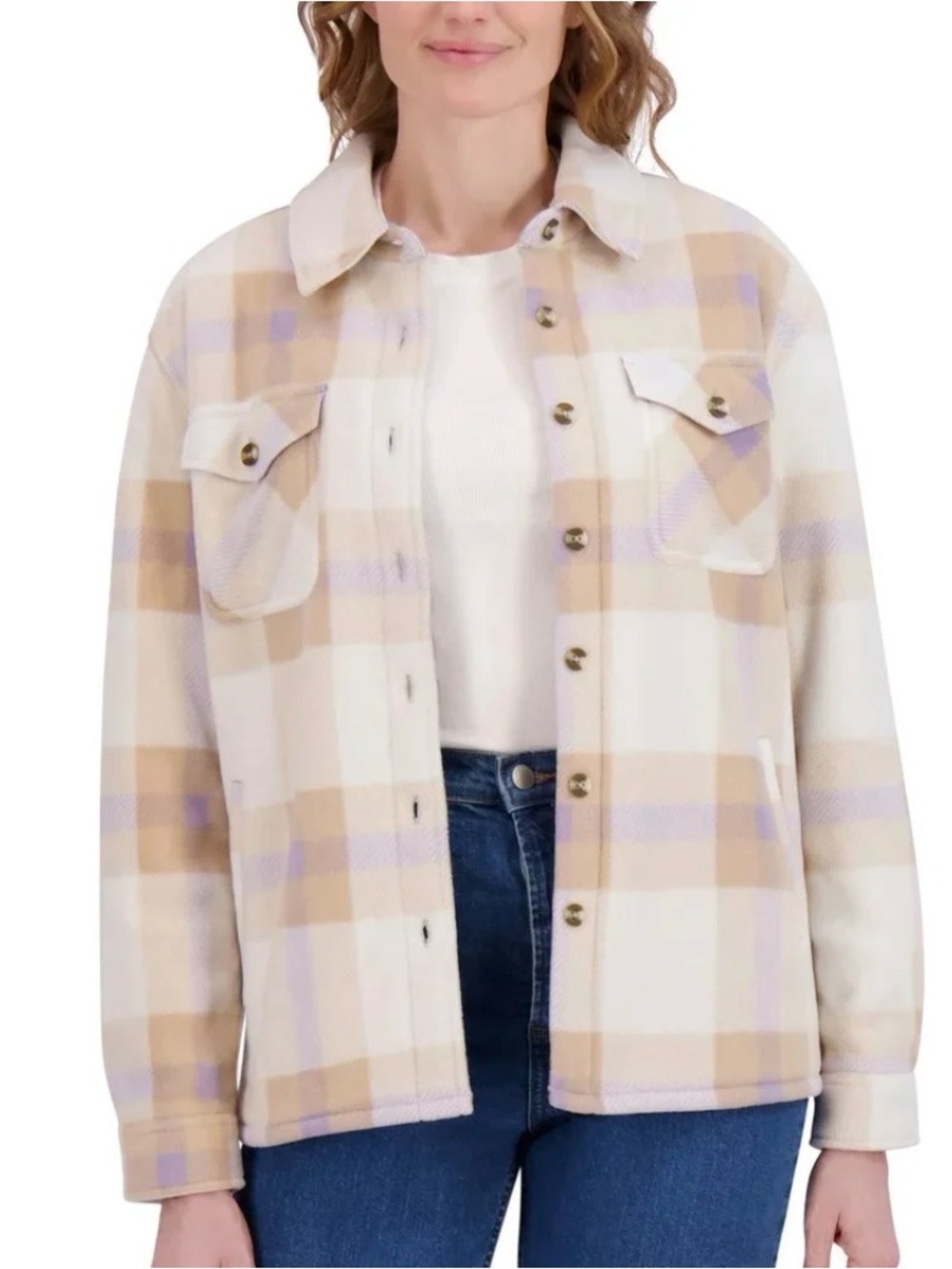 Sage Collective Cream, Beige & Light Lavender Plaid Shacket
